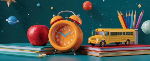 The vibrant school-themed arrangement featuring an alarm clock, apple, and yellow bus. photo