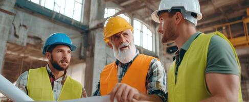 The construction team discussing plans at a renovation site in progress. photo