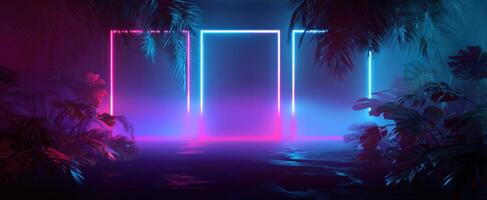 The mesmerizing neon frames amidst a vibrant tropical jungle atmosphere. photo