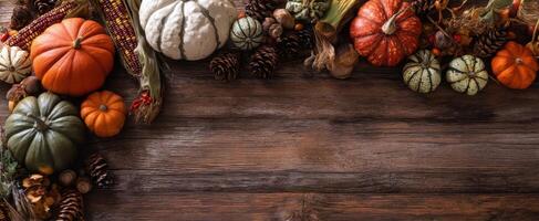 The colorful arrangement of pumpkins and gourds for autumn harvest decor. photo