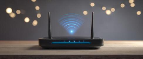 The modern wireless router with glowing signal lights on a wooden table. photo
