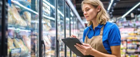 The store employee checks inventory in the frozen foods section. photo