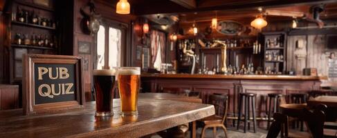 The pub quiz setting with beers and a welcoming atmosphere. photo