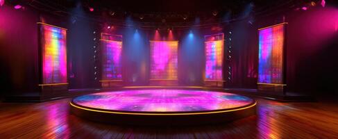 The vibrant stage with colorful lights and striking visual displays photo