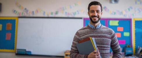 The smiling teacher holding books in a vibrant classroom setting photo
