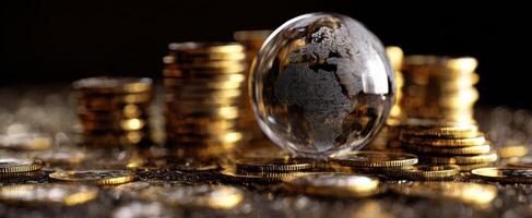 The globe resting on a pile of golden coins symbolizing wealth and prosperity. photo