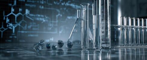 The glass laboratory equipment with molecular background in a scientific setting. photo