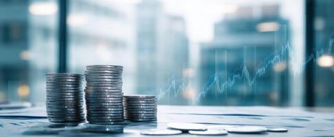 The stack of coins symbolizing investment growth in a modern office setting. photo
