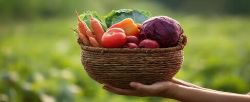 The basket overflowing with fresh vegetables in a lush green landscape. photo