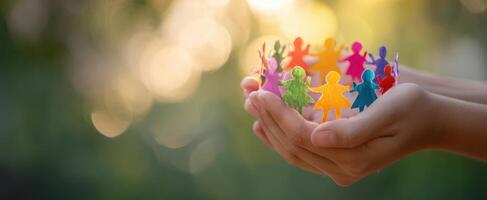 The colorful hands holding a paper chain of figures representing unity and diversity. photo