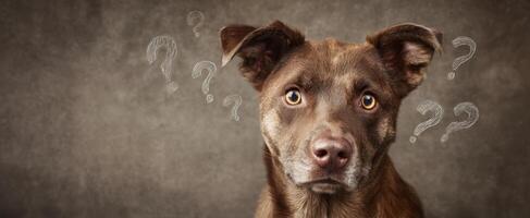 The confused dog with a curious expression surrounded by question marks photo