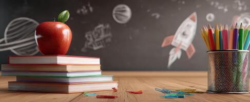 The vibrant apple atop stacked books in a creative classroom setting. photo