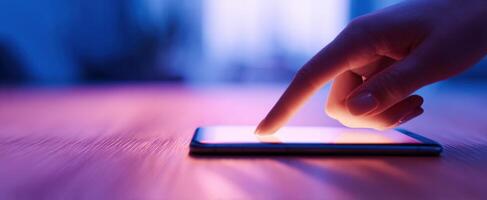 The hand gently touching a smartphone screen in a vibrant setting. photo