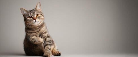 The adorable tabby cat showcasing its playful demeanor and curious expression. photo