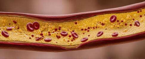 The detailed visualization of an artery highlighting blood and cholesterol components. photo