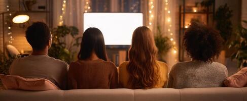 The group of friends enjoying a cozy movie night at home. photo