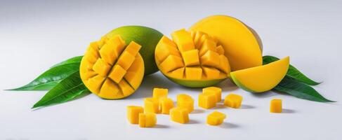The vibrant mango sliced into pieces with fresh green leaves surrounding it. photo