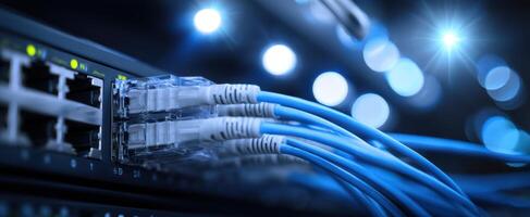 The Ethernet cables connecting to a network switch with blue lighting effects. photo