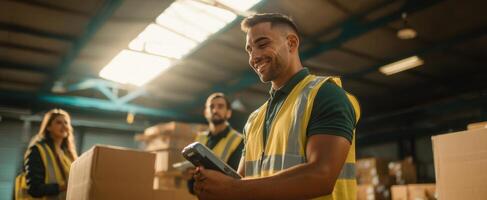 The warehouse worker scanning packages with a smile in a busy logistics environment. photo