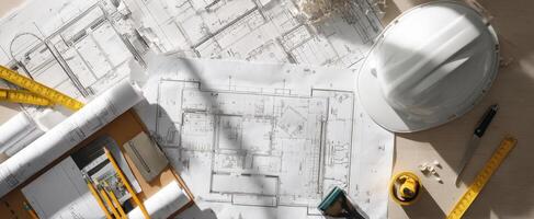 The detailed architectural plans and tools for modern construction projects. photo