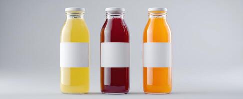 The vibrant assortment of glass bottles showcasing colorful juices with labels. photo