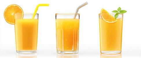 The vibrant array of deliciously refreshing orange juices in elegant glasses. photo