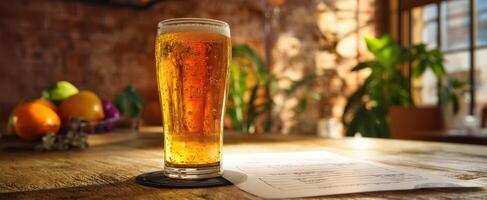 The beer glass sits invitingly on a wooden table in a cozy setting. photo