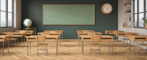 The empty classroom with wooden desks and a green chalkboard setting. photo