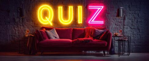The vibrant neon signs illuminating a cozy quiz night in a stylish living room. photo
