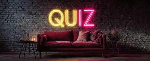 The vibrant neon quiz sign illuminating a cozy living room with elegant decor. photo