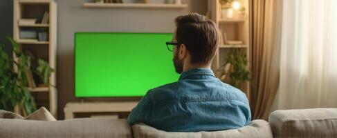 The man enjoying a moment of relaxation in front of a green screen television. photo