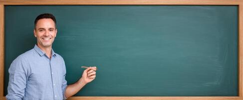 The smiling teacher presenting in front of a blank chalkboard for education. photo