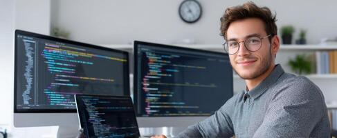 The young male programmer working on multiple screens in a modern office setting. photo