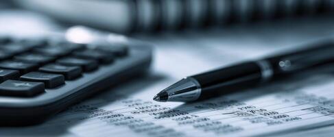 The calculator and pen on financial paperwork for business analysis photo