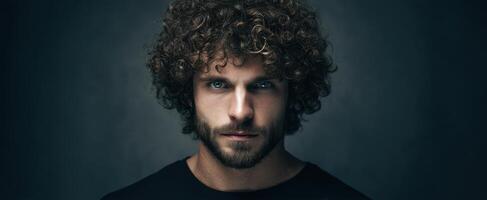 The expressive portrait of a confident man with curly hair and blue eyes. photo