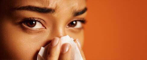 The emotional gaze of a woman tenderly holding a tissue near her face. photo