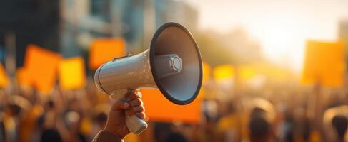 The megaphone raised in a vibrant crowd during a passionate protest event. photo