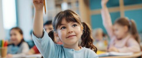 The enthusiastic girl raising her hand in a colorful classroom environment. photo