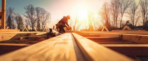 The carpenter working on a wooden structure during a beautiful sunset. photo