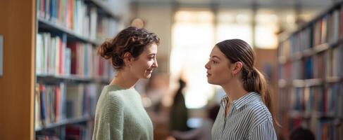 The close interaction between two friends in a library setting. photo