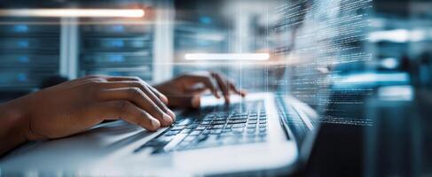 The close-up of hands typing on a laptop in a digital workspace. photo