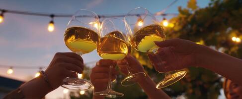 The joyous celebration of friends raising their glasses in a charming outdoor setting. photo