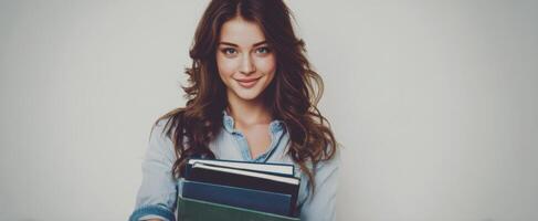 The confident woman holding books with a smile in an educational setting. photo