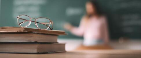 The teacher presenting lessons on a chalkboard with glasses and books in focus. photo