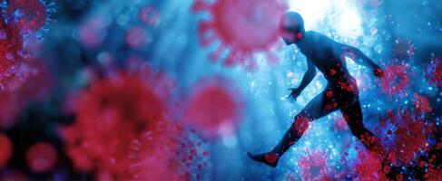 The Figure Swimming Through a Sea of Abstract Virus Concepts and Colors. photo