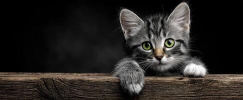 The curious kitten peeking over a rustic wooden surface in low light. photo