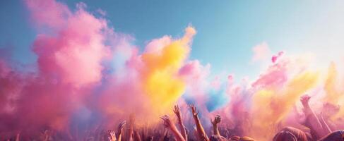 The vibrant festival scene with colorful powder and joyful crowd celebrating together. photo