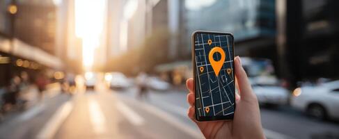 The smartphone displaying a location map in a bustling urban environment. photo