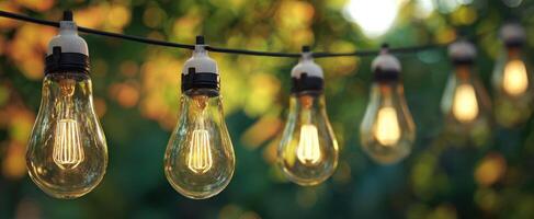 The string of glowing bulbs illuminating a serene outdoor garden setting. photo