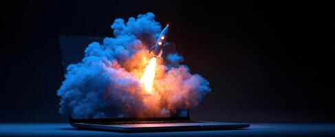 The rocket launching from a laptop symbolizes innovation and digital advancement. photo